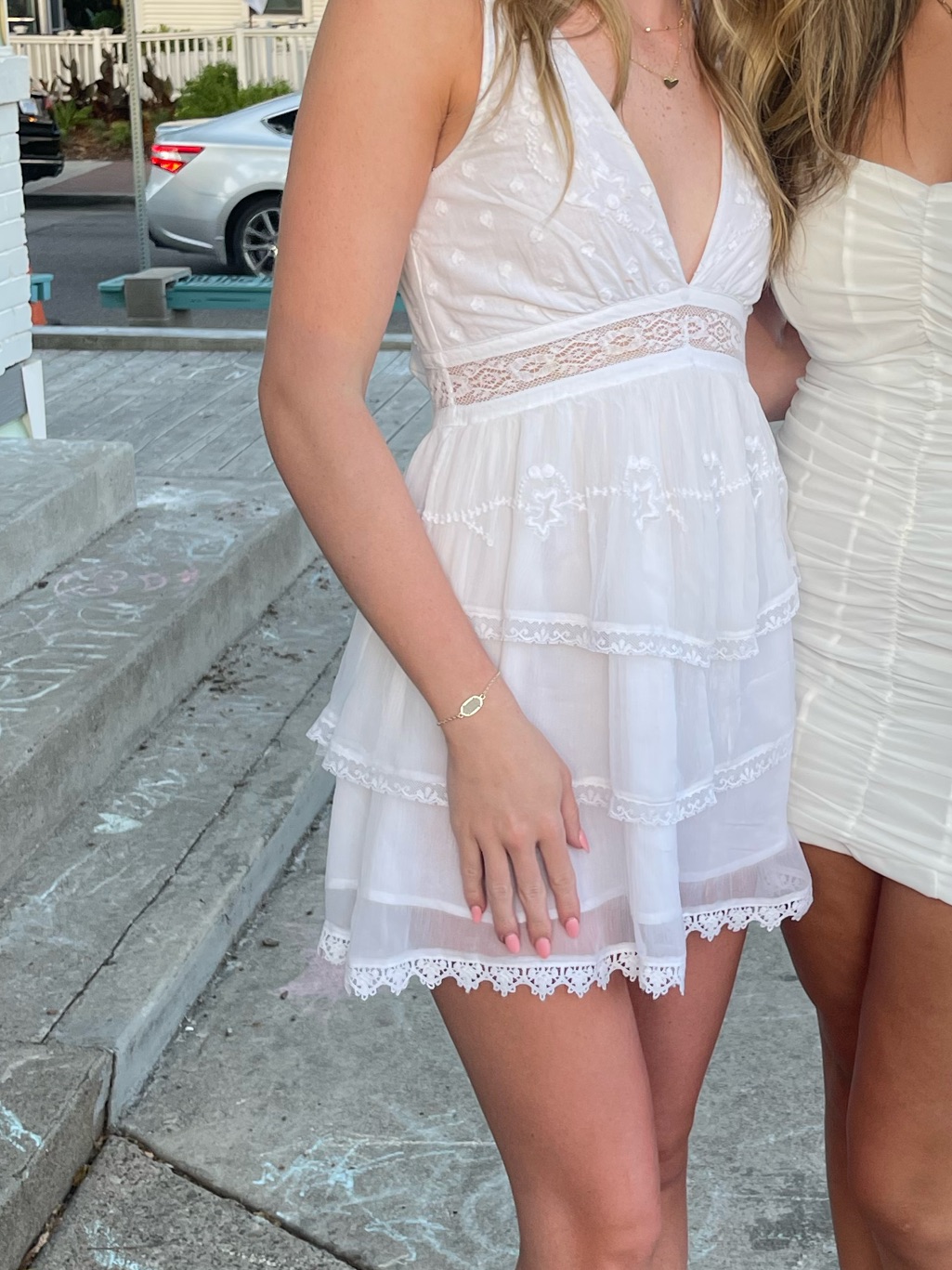 White Tiered Mini Dress With Lace Trim
